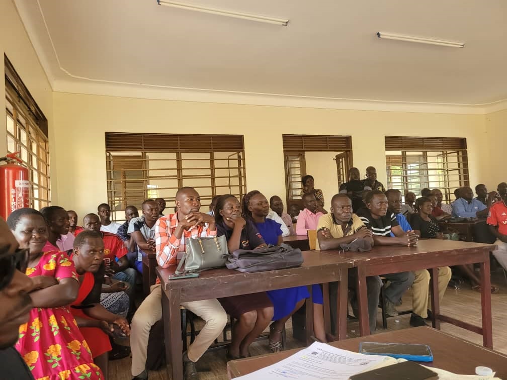 The beneficiaries of tablets being briefed on effective utilisation in the council hall last week. Photo by Emmanuel Opio